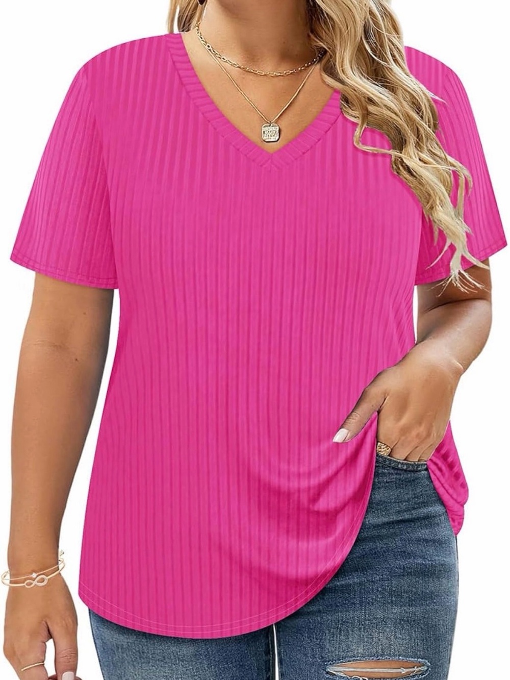 RITERA 2XL Pink Ribbed V Neck Short Sleeve Tunic Top Plus Size